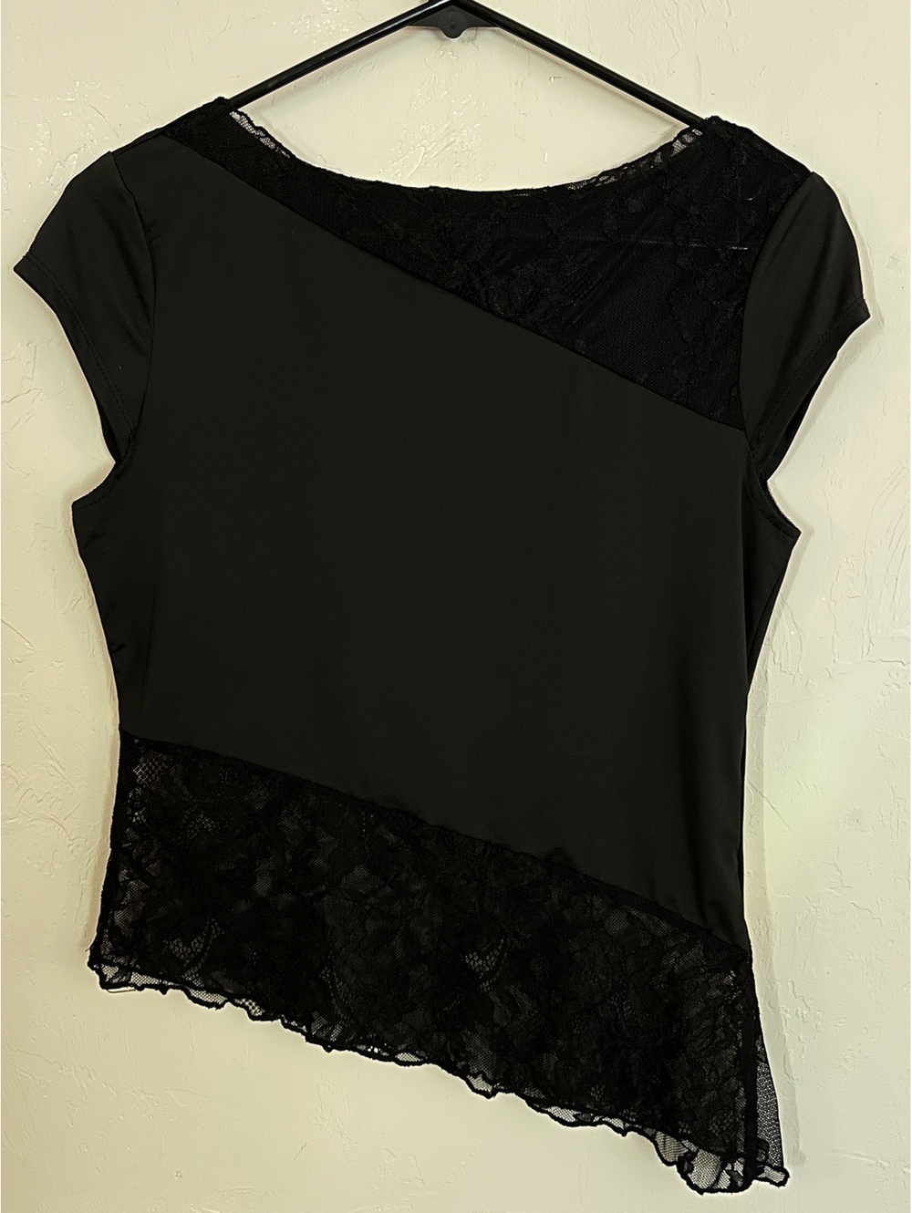 Women’s Large Black Lace Asymmetrical Top Diagonal Hem Y2K